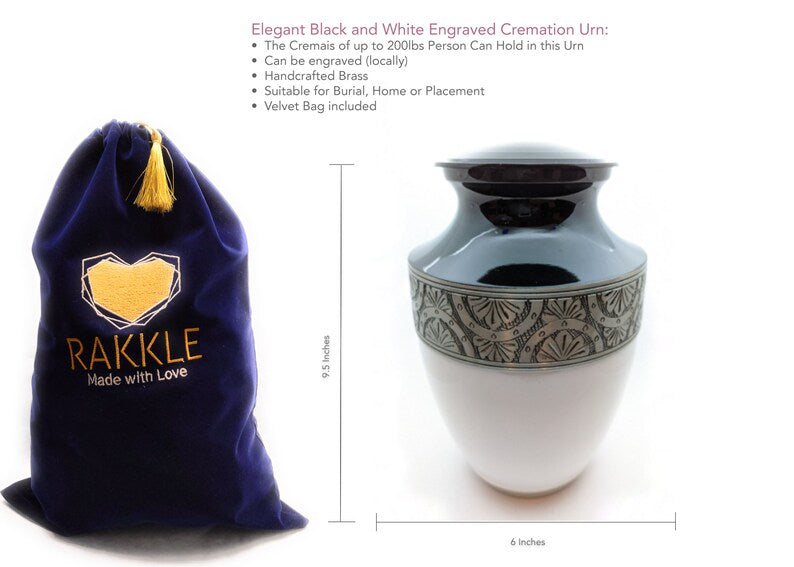 Elegant Black and White Engraved Cremation Urn - Exquisite Funeral Urn with Brass Finish (Large)