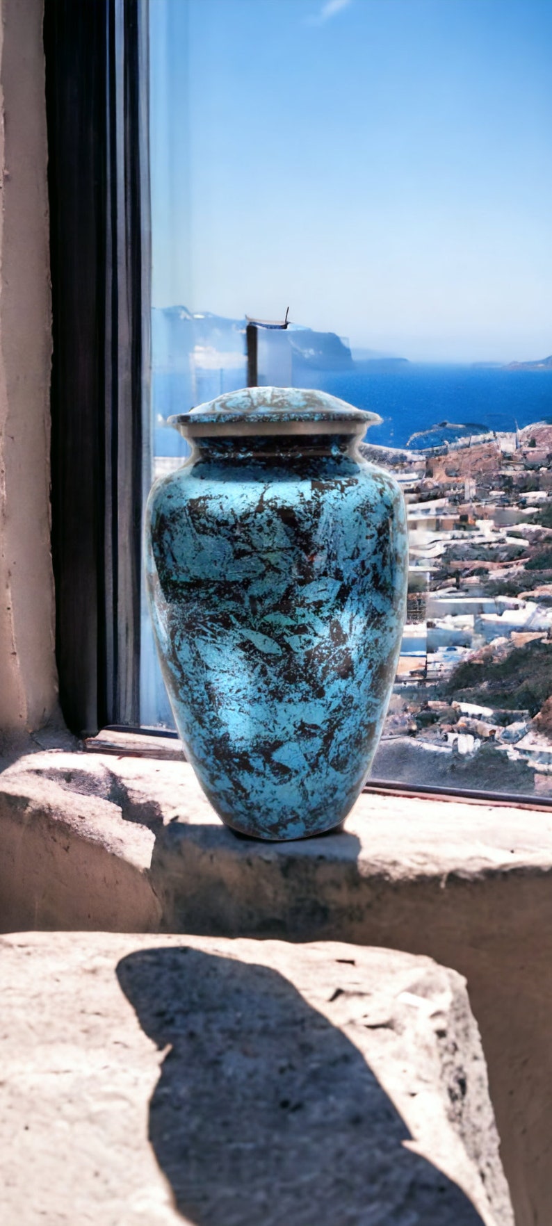 Exquisitely Designed Turquoise Urn - this adult cremation urn brings beautiful sophistication to your loved one’s final resting place.
