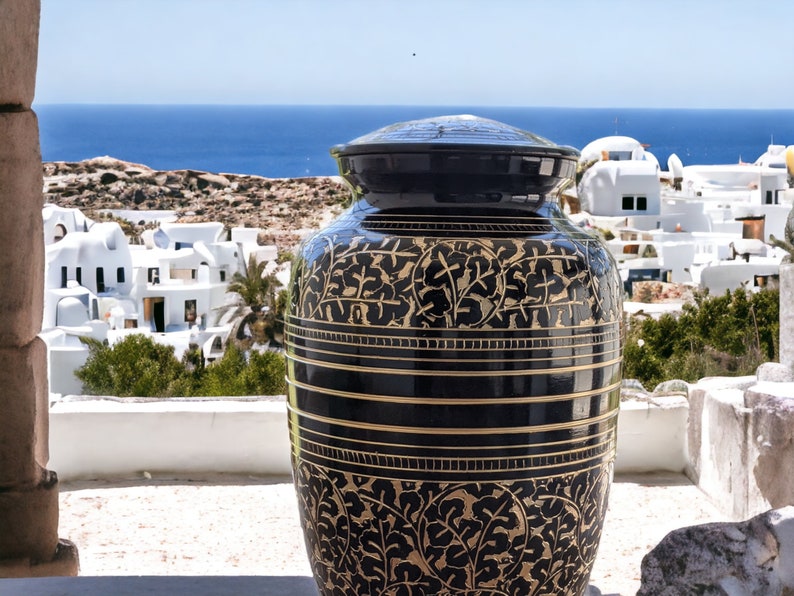 Elegant Black and Gold Engraved Cremation Urn - Exquisite Funeral Urn with Brass Finish (Large)