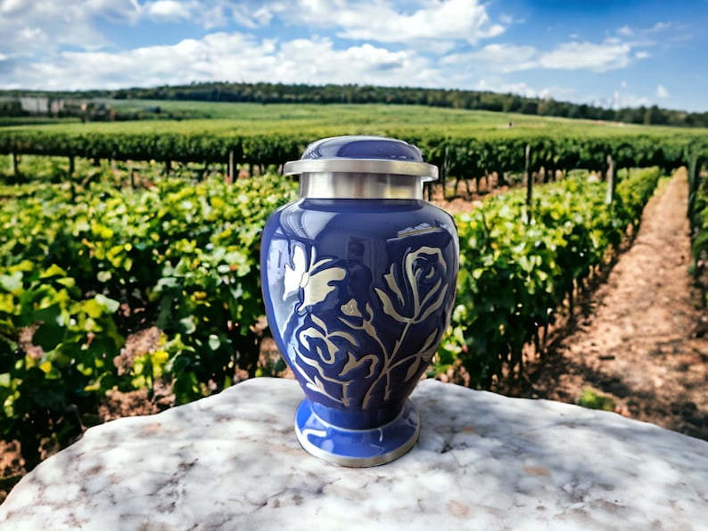 Rose & Butterfly Engraved Urn (Blue)