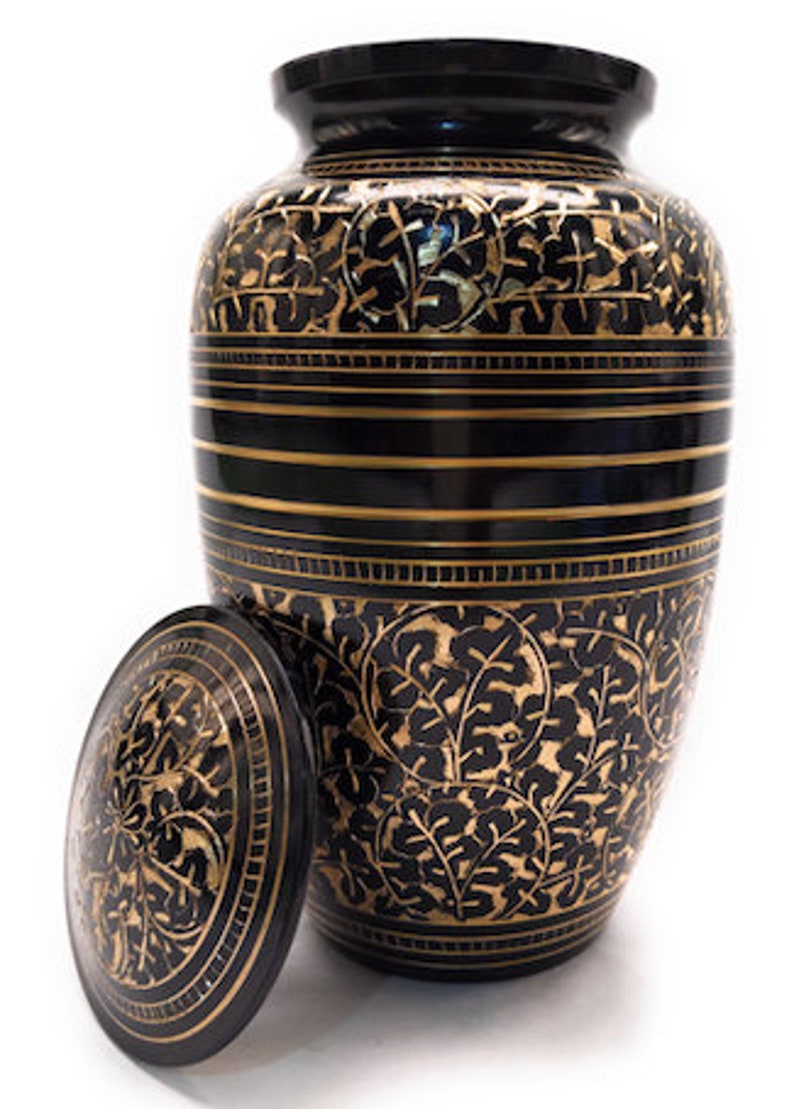 Elegant Black and Gold Engraved Cremation Urn - Exquisite Funeral Urn with Brass Finish (Large)