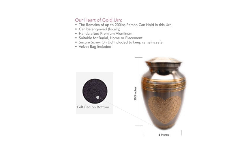 -Adult Cremation Urn: Exquisitely Designed Heart of Gold Urn - this adult cremation urn brings beautiful sophistication to your loved one’s final resting place.
