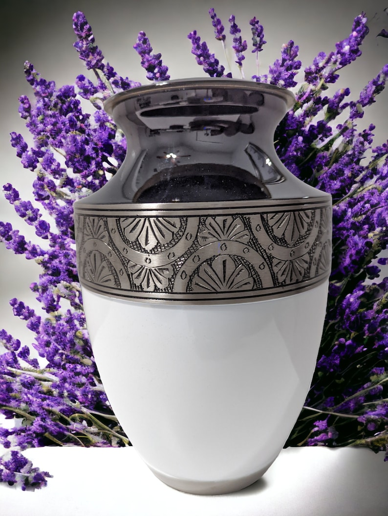 Elegant Black and White Engraved Cremation Urn - Exquisite Funeral Urn with Brass Finish (Large)