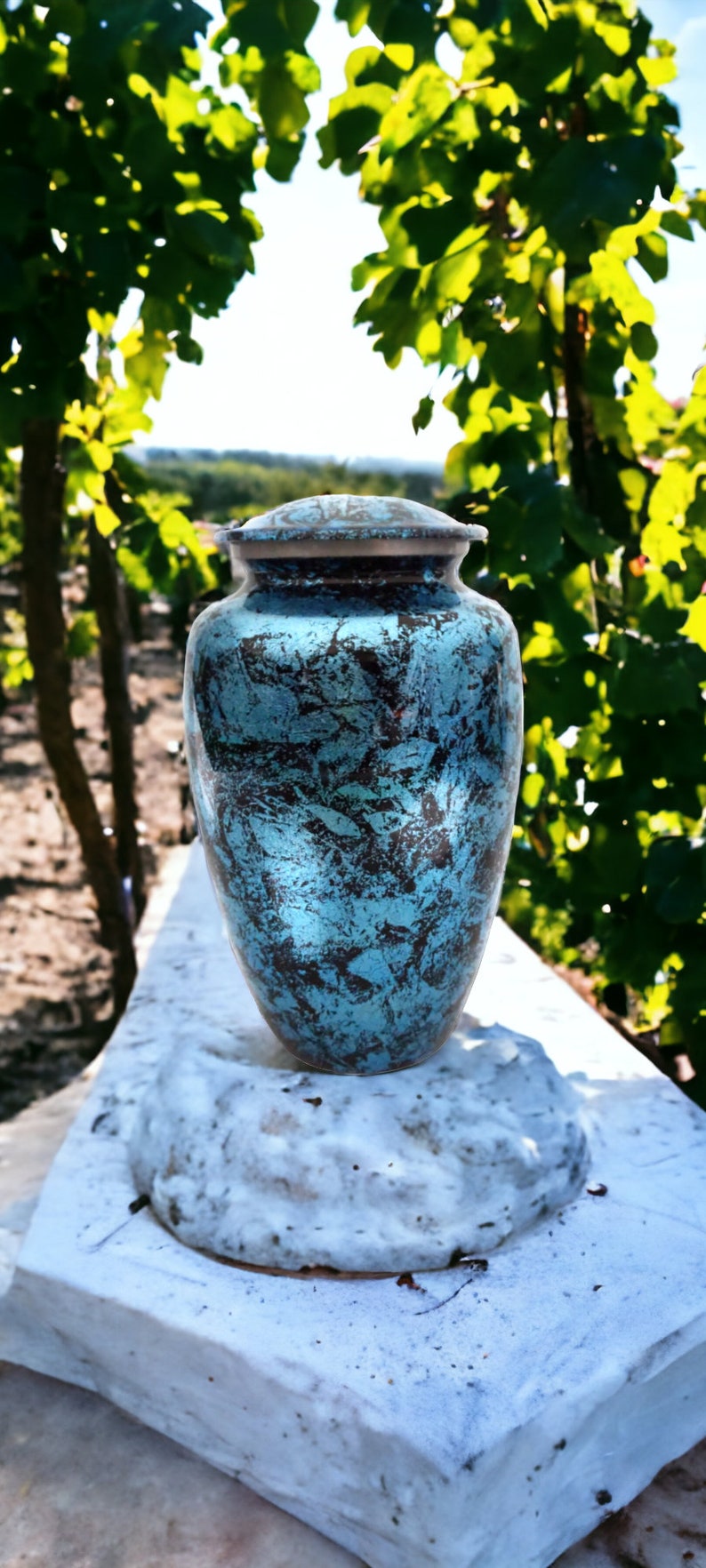Exquisitely Designed Turquoise Urn - this adult cremation urn brings beautiful sophistication to your loved one’s final resting place.