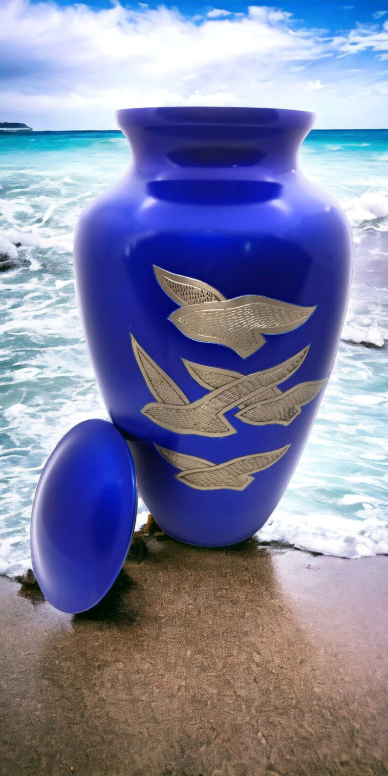Adult Cremation Urn: Exquisitely Designed Blue Soaring Dove cremation urn brings beautiful sophistication to your loved one’s final resting place.
