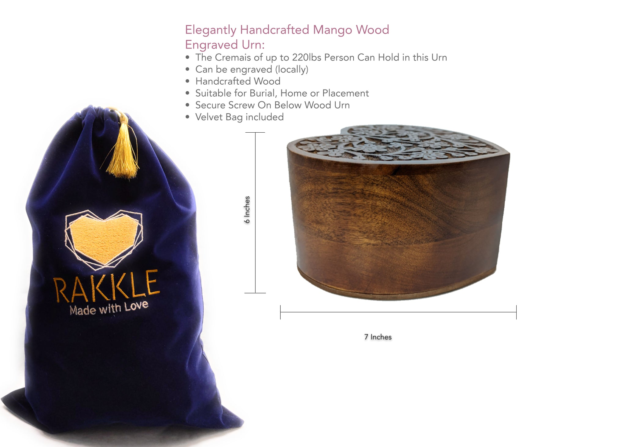 Heart Handcrafted Mango Wood Urns (Large)