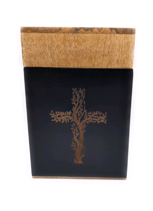 Handcrafted Mango Wood Engraved Urn with Dual Toned Finish (Large)