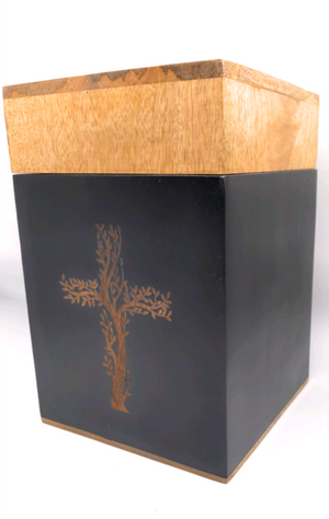 Handcrafted Mango Wood Engraved Urn with Dual Toned Finish (Large)