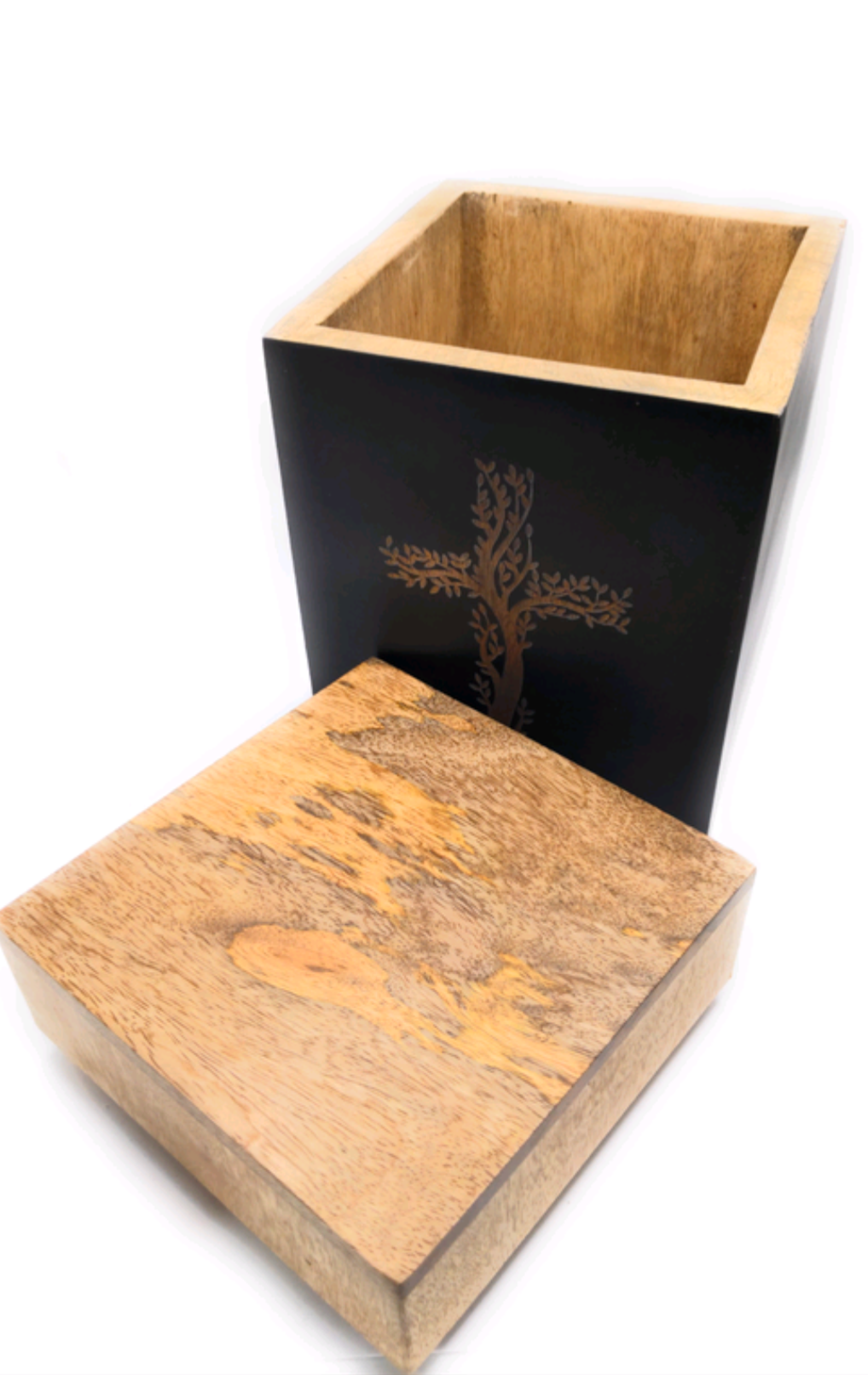 Handcrafted Mango Wood Engraved Urn with Dual Toned Finish (Large)