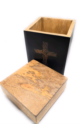 Handcrafted Mango Wood Engraved Urn with Dual Toned Finish (Large)