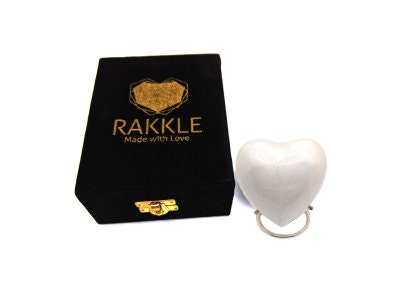 White Heart Keepsake Urn - High Gloss Mini Heart Cremation Urn - Premium Box & Heart Urn Stand Included